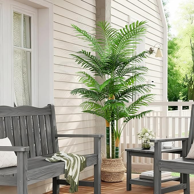 6ft Tall Golden Cane Artificial Tree Palm Outdoor, Large Artificial Plants Outdoor Faux Palm Tree with 3 Textured Trunks, Fake Tree for Indoor Outdoor Office Living Room Outside Patio