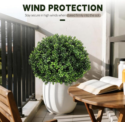 LadyRosian Artificial Boxwood Topiary Tree, 25 Inch 2 Set Outdoor Faux Boxwood Bush Plants,Indoor Ball Trees with Ground Spike, Fake Potted for Home Front Porch Decor Outside Garden