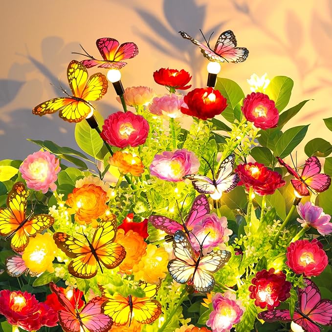 GARPAR Solar Garden Decor, 3 Pack Solar Lights with 9 Butterflies & 21 Blooming Flowers, Solar Flowers Outdoor Waterproof, Garden Lights for Outdoor Decorations