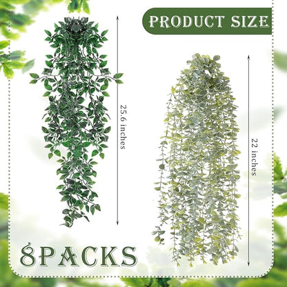 8 Pcs Artificial Hanging Plants Fake Hanging Ferns Plastic Faux Plants for Wall Room Garden Garland Indoor Outdoor Decor No Basket (Eucalyptus,Mandala Vine)