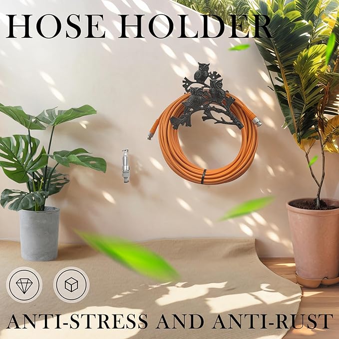 Owl Hose Holder Wall Mount – Decorative Cast Iron Garden Hose Hanger for Outside Wall, Heavy Duty Vintage Hose Reel for Patio, Yard, or Villa (9.84"x10.23"x5.7")