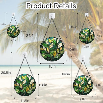 Stained Glass Suncatcher, Green Plant Sun Catcher Yellow White Leaves Stain Glass Window Hanging Decoration Mother's Day Birthday Gifts for Women Men Mom Nana 11.8 in