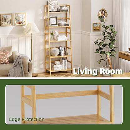 Ladder Shelf, 5-Tier Bookshelf, All Bamboo Heavy Duty Bookcase, Freestanding Open Wood Storage Rack, Modern Corner Display Plant Stand for Living Room, Home Office, Bathroom, Bedroom, Natural