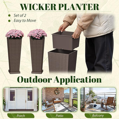 JUMMICO Set of 2 Resin Rattan Tall Planters for Outdoor Plants, Large Tapered Planters with Drainage Holes, Inner Trays and Outer Saucers, Flower Pots for Garden, Patio, Porch, Backyard (Brown, 24")