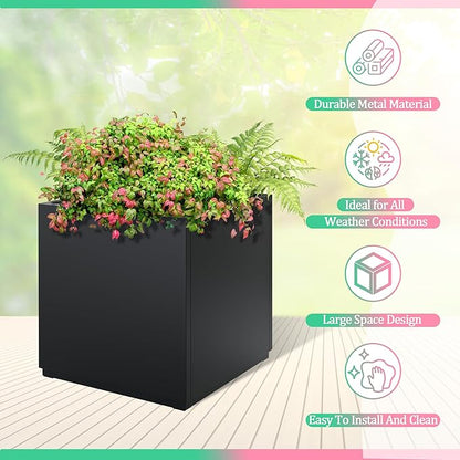 Metal Planter Box Rectangular Planter Box with Drainage Hole, Outdoor Large Planters, All-Weather Use, Rust-Resistance, for Flowers Plants, 17" L × 17" W × 18" H, Black