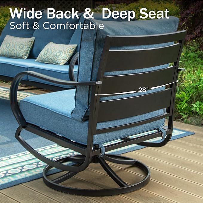 PHI VILLA 6 Piece Patio Furniture Sets with 1 x 3-Seat Wide Deep Seating Bench, 2 x Swivel Cushioned Sofa Chairs, 2 x Leg Sofa and 1 x Coffee Table, Outdoor Metal Furniture Set for 7 Person,Navy Blue