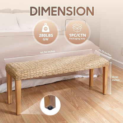 Outdoor Backless Bench, All-Weather Wicker & Solid Acacia Wood, Premium Garden Bench with Woven Rattan Seat and Thick Outdoor Cushion for Patio, Porch, Living Room or Entryway (Natural, PE Wicker).