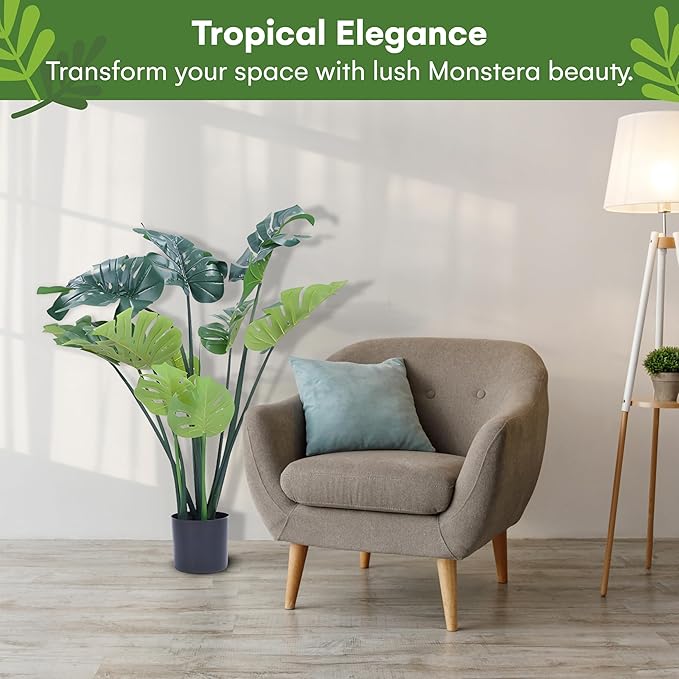 Flybold Artificial Monstera Plant - Fake Monstera Deliciosa Plant - 43 inches with 12 Large Leaves - Indoor/Outdoor Home or Office Decor - Odorless Tropical, Palm Tree Like Faux Plants