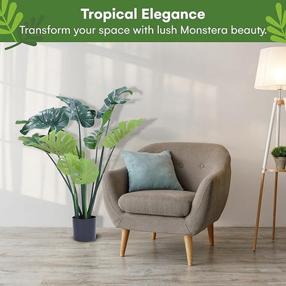 Flybold Artificial Monstera Plant - Fake Monstera Deliciosa Plant - 43 inches with 12 Large Leaves - Indoor/Outdoor Home or Office Decor - Odorless Tropical, Palm Tree Like Faux Plants