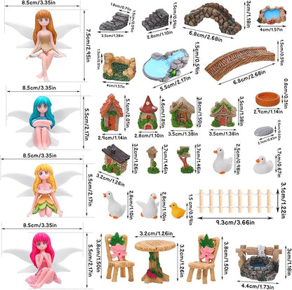 35 Pcs Fairy Garden Accessories Miniatures Garden Kit with Resin Fairies, Duck, Mushroom House & Bridge Miniature Accessories for Terrarium, Dollhouse & Outdoor Decor