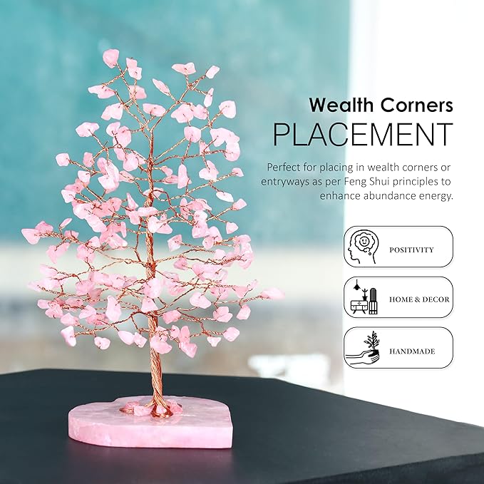 Crocon Crystals Tree Rose Quartz Healing Stones Reiki Crystals Heart Base Spiritual Meditation Energy Home Room Office Desk Decor Pink Gifts for Women Men & Mom Birthday Present
