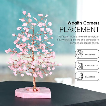 Crocon Crystals Tree Rose Quartz Healing Stones Reiki Crystals Heart Base Spiritual Meditation Energy Home Room Office Desk Decor Pink Gifts for Women Men & Mom Birthday Present
