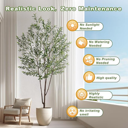 8FT Artificial Olive Tree Artificial Olive Plants, Tall Faux Olive Tree Faux Silk Plant Fake Plant Ultra-Realistic Silk Leaves & Natural Trunk Indoor Outdoor Use