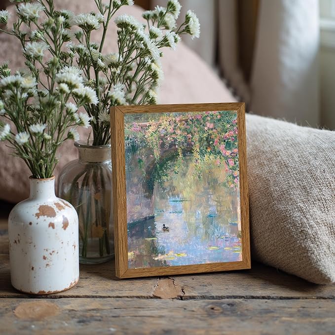 Wojuin Framed Vintage Monet Canvas Wall Art, Garden Rose Cute Animals Painting Picture Wall Decor, Sunset Iandscape Poster Impressionist Floral Prints for Living Room Bedroom Bathroom Office 8x10 in