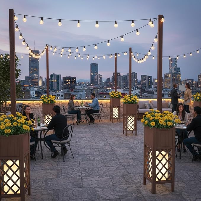 2PCS Outdoor String Light Poles with Planter Box,8.6FT H Posts for Patio String Lights,Decorative Lattice Wood Planter Stand with Bottom Storage Shelf,for Patio Porch Balcony Garden Accent