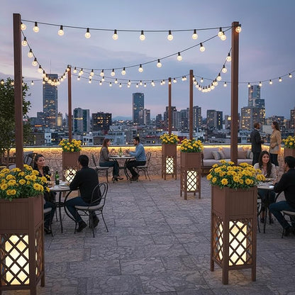 2PCS Outdoor String Light Poles with Planter Box,8.6FT H Posts for Patio String Lights,Decorative Lattice Wood Planter Stand with Bottom Storage Shelf,for Patio Porch Balcony Garden Accent