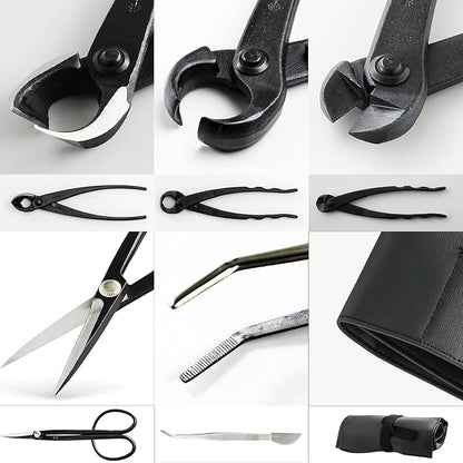 Wazakura Made in Japan 5PCS Bonsai Tool Kit with Roll Bag: Yasugi Steel Twig Bonsai Scissors, Concave Branch Cutter, Knob Cutter, Wire Cutter, Tweezers - 5 Tools Twig Schissor Set with Case…