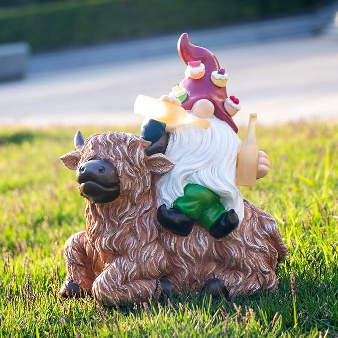 DKJOCKY Birthday Gifts for Women,Funny Garden Gnomes with Highland Cow Statues Decorations for Yard, Gnomes with Solar Lights Garden Decor, Friendships Birthday Gifts for Women Mom Unique
