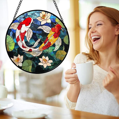 Stained Glass Window Hanging, Koi and Lotus Sun Catcher for Door Home Decor Fish Suncatcher Christmas Mother's Day Birthday Gifts for Women Men Mom and Nana 6.3 in