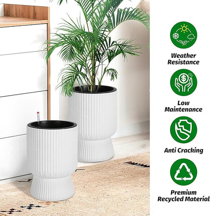 14.2" Tall Planters Set of 2, Plant Pots, Self Watering Pots for Indoor Plants, Flower Pots With Built-In Drainage and a Water Level Monitor, for Patio, Porch, Living Room, or Office, Marble White