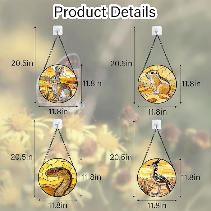 Stained Glass Window Hanging 4 Pcs Set Animals Large 11.8" - Desert Landscape Yellow Suncatcher Door Garden Sun Catcher Decor Birthday Christmas for Mom Woman Nana Men