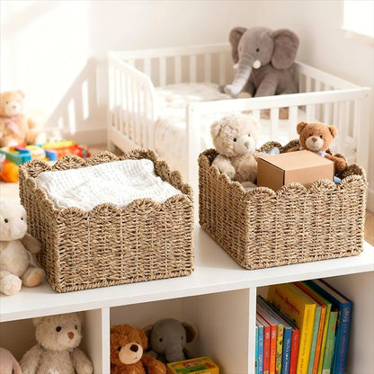 Scalloped Basket, Wicker Storage Baskets, Hand Woven Baskets for Shelves,Natural Baskets for Organizing (Seagrass(S-9.5" L x 9.5" W x 5.5" H))