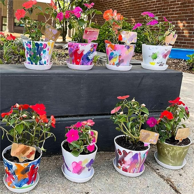 20 Pack 5.5 Inches Plastic Planters with Saucers, Modern Decorative Flower Plant Pots, Decorative Gardening Pots with Drainage for Plants, Succulents, Seed Nursery, Flower, White