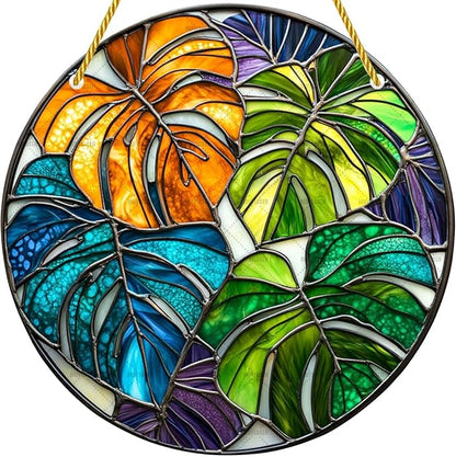 Acrylic Stained Window Hanging Monstera Plant Art Acrylic Decoration for Indoor Outdoor Home Bar Office Garden Plastic Ornament Decor 12x12 Inch