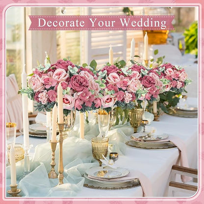 6 Pcs Artificial Peony Silk Florals Fake Mix Silk Peony Rose Faux Flower Hydrangea Bouquet Elegant Realistic Wedding Floral Centerpiece for Home Party Table Arrangement (Champagne with Red)