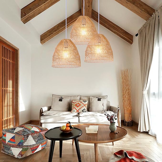 Arturesthome Rattan Pendant Light Fixture,Wicker Chandelier Boho Basket Ceiling Lighting,Natural Woven Hanging Lamp for Kitchen Island11.8 * 11.8"