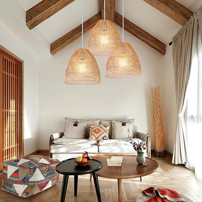 Arturesthome Rattan Pendant Light Fixture,Wicker Chandelier Boho Basket Ceiling Lighting,Natural Woven Hanging Lamp for Kitchen Island11.8 * 11.8"