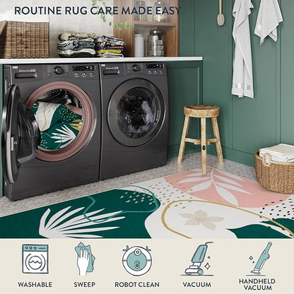 Lahome Washable 8x10 Rug - Non-Slip Living Room Rugs 8x10 Ultra-Thin Large Soft Bedroom Rugs, Boho Botanical Print Indoor Stain Resistant Floor Rug for Dining Room Table Office (8'x10',Green/Pink)