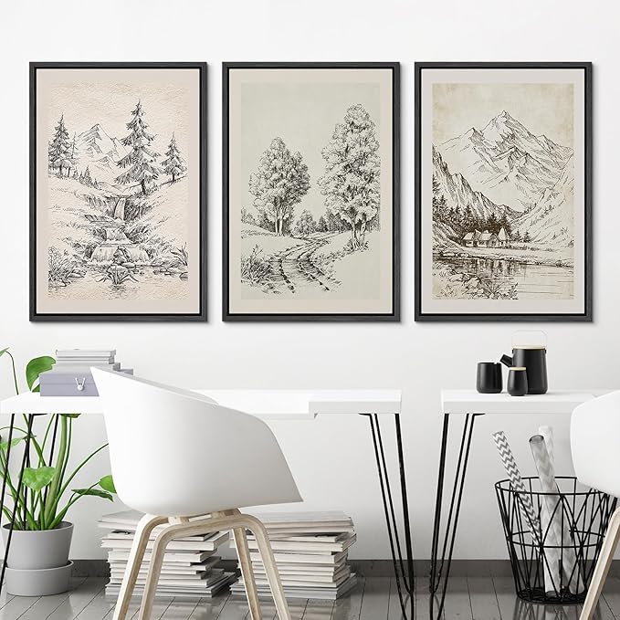 Ashbrook Framed Canvas Print Wall Art Set Vintage Country Forest Landscapes Nature Wilderness Illustrations Fine Art Floral Botanical Minimal Calm/Relax/Cozy for Bedroom - 16"x24"x3 BLACK