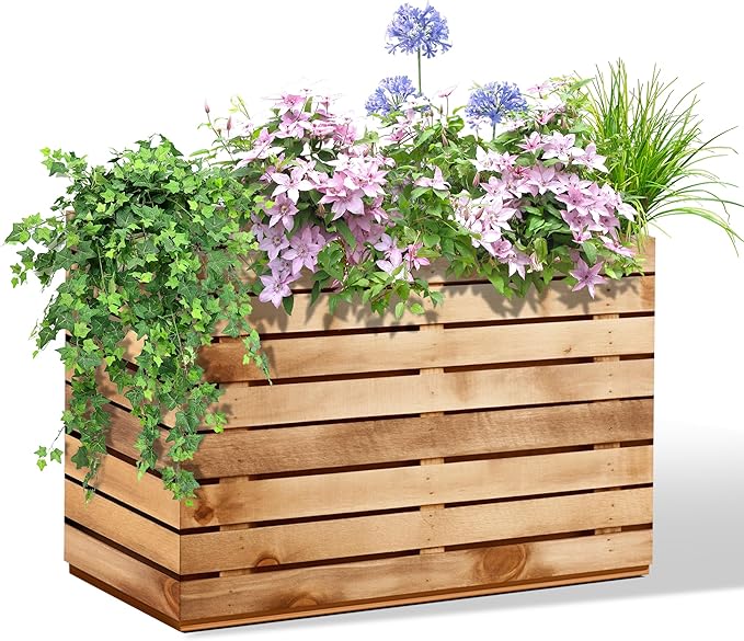 Metal Rectangular Outdoor Planter Box with Drainage Holes, Tall & Large Black Planters for Outdoor Plants, Flowers, Trees (30" L x 12" W x 24" H, Walnut Wood Grain)