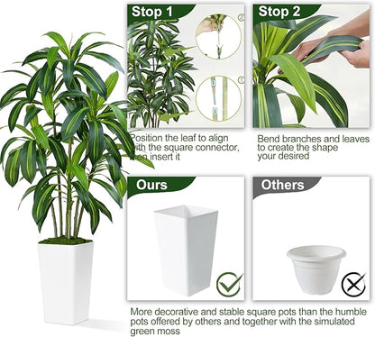 Dracaena Plant Artificial Tree 5Ft Tall Fake Tropical Floor Plants Potted Artificial Silk Tree Leaf Faux Trees White Tall Planter for Home Office Living Room Indoor Outdoor Decor