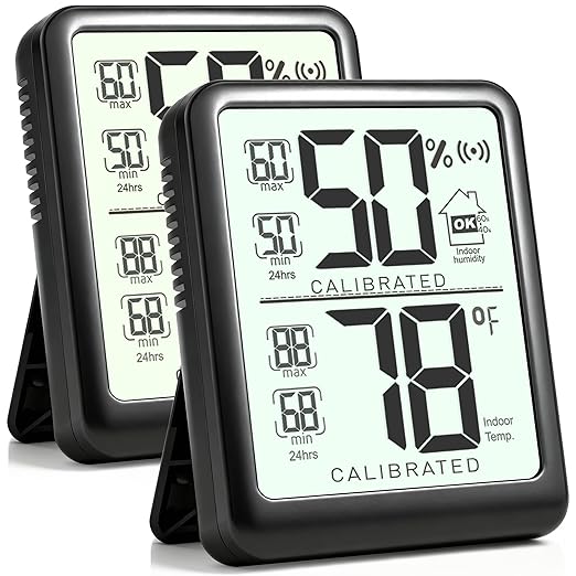 Antonki 2-Pack Room Thermometer, Digital Small Hygrometer Indoor Thermometer Humidity Gauge, Temperature Humidity Meter with Max/Min Record Monitor Sensor for Home, Plants - Battery Included