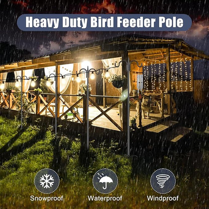 Gtongoko Bird Feeder Pole Squirrel Proof, 108 Inch Double Shepherds Hook for Outdoor with Squirrel Baffles Adjustable Heavy Duty with 5 Prongs Base for Hanging Plants, Bird Feeders, Black