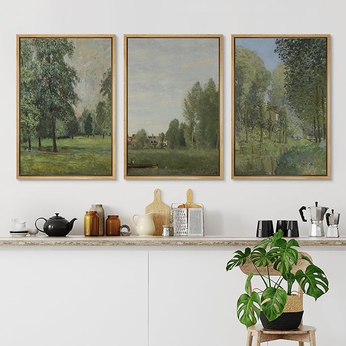 Ashbrook Framed Canvas Print Wall Art Set Fine Art Watercolor Emerald Green Forest Landscape Nature Wilderness Illustrations Floral Botanical Minimal Calm/Relax for Bedroom - 24"x36"x3 NATURAL