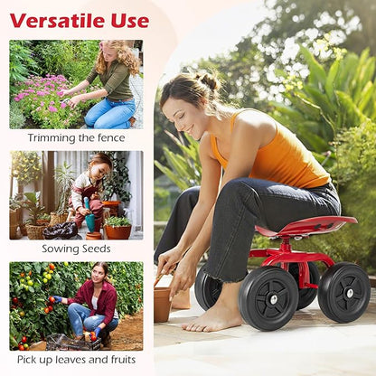 Garden Cart with Seat, Heavy-Duty Rolling Outdoor Wagon Scooter w/Height Adjustable & 360° Swivel Seat, Gardening Work Seat Stool, Patio Scooter on Wheels for Lawn Yard Planting(Red)