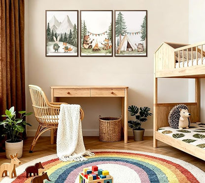 3Pcs Woodland Animal Nursery Wall Art Fox Bear Rabbit Hedgehog Paintings Pictures Safari Wall Decor Poster Prints Forest Animals Camping Campfire Artwork for Boys Kids Girl Room Decoration 12x16