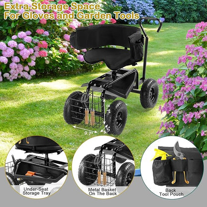 Outvita Rolling Garden Seat with Wheels, Gardening Stool with Height Adjustable 360 Degree Swivel Seat, Ergonomic Backrest, Tool Tray & Storage Basket, Outdoor Gardening Scooter Cart for Patio, Black