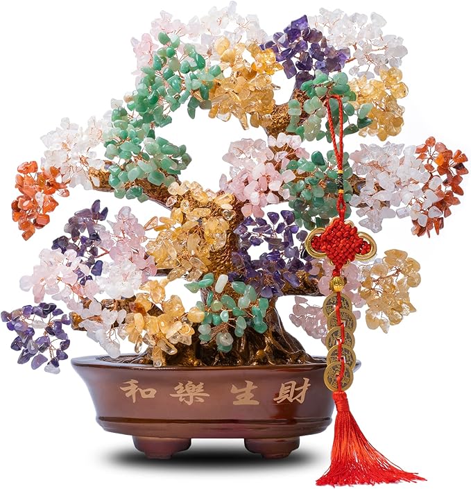 Natural Large Chakra Crystal Tree14, Included Lucky Coins Chain, Tree of Life(1251 Gemstone Count) with Healing Properties- Bonsai Feng Shui Money Tree for Good Luck and Wealth