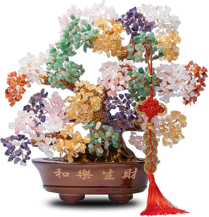 Natural Large Chakra Crystal Tree14, Included Lucky Coins Chain, Tree of Life(1251 Gemstone Count) with Healing Properties- Bonsai Feng Shui Money Tree for Good Luck and Wealth