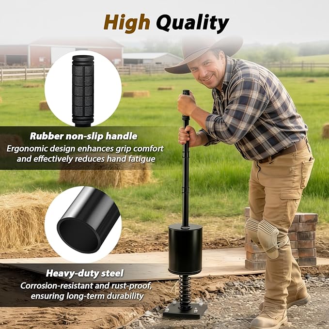 Heavy Duty Steel Tamper Tool with 51 Inch Adjustable Handle, Fillable Base, Buffer Spring, Steel Tamper for Efficient Leveling Soil, Asphalt, Driveways, Landscaping, Yard, Sand, Driveway