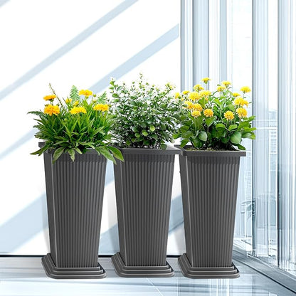 24 Inch Tall Tapered Square Planters (Set of 2) - Indoor Outdoor Large Flower Pots with Built-in Drainage & Matching Water Tray for Patio, Garden, Home - Gray