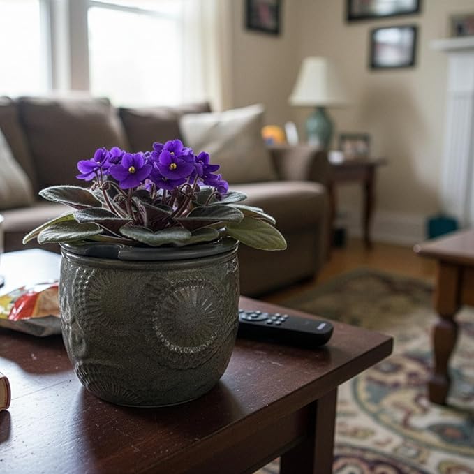 6.5” Ceramic Self Watering African Violet Planter with Embossed Floral Design – Durable Indoor Plant Pot for Orchids, Succulents, and Houseplants