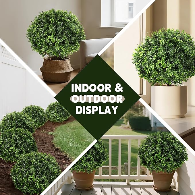 LadyRosian Artificial Boxwood Topiary Tree, 25 Inch 2 Set Outdoor Faux Boxwood Bush Plants,Indoor Ball Trees with Ground Spike, Fake Potted for Home Front Porch Decor Outside Garden