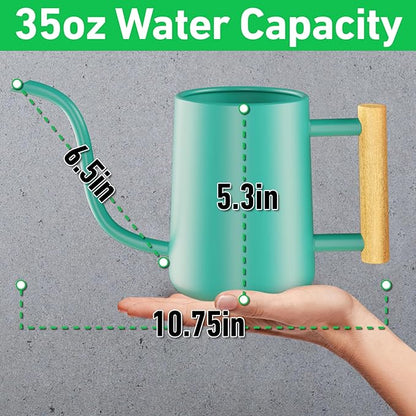 35 oz Metal Small Indoor Watering Can with Long Spout & Real Wood Handle for House Plants, Succulents, Cacti & Seedlings - Green Long Spout Watering Can Indoor Plants - Stylish, Gentle Flow, No Spills