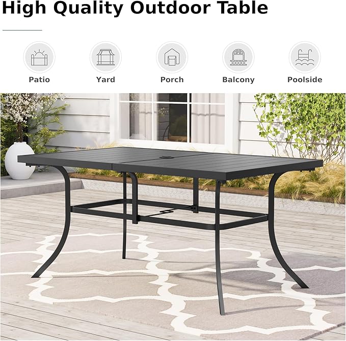 MFSTUDIO Metal Patio Dining Sets for 6, Outdoor Furniture Set with 6 Swivel Armrest Chairs with Cushion and 1 Metal Steel Slat Dining Rectangle Table
