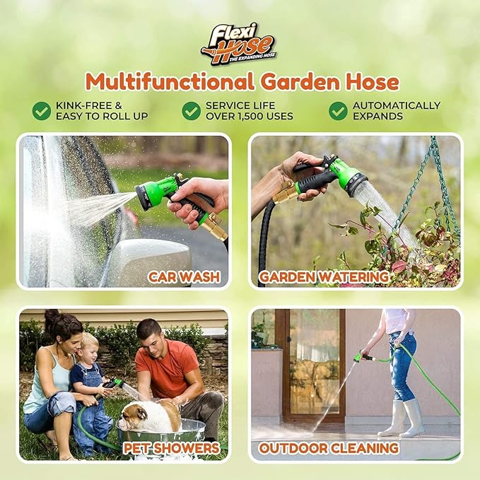 Flexi Hose PLUS with 8 Function Nozzle Expandable Garden Hose, Lightweight & No-Kink Flexible Garden Hose, 3/4 inch Solid Brass Fittings and Double Latex Core, 50 ft Black